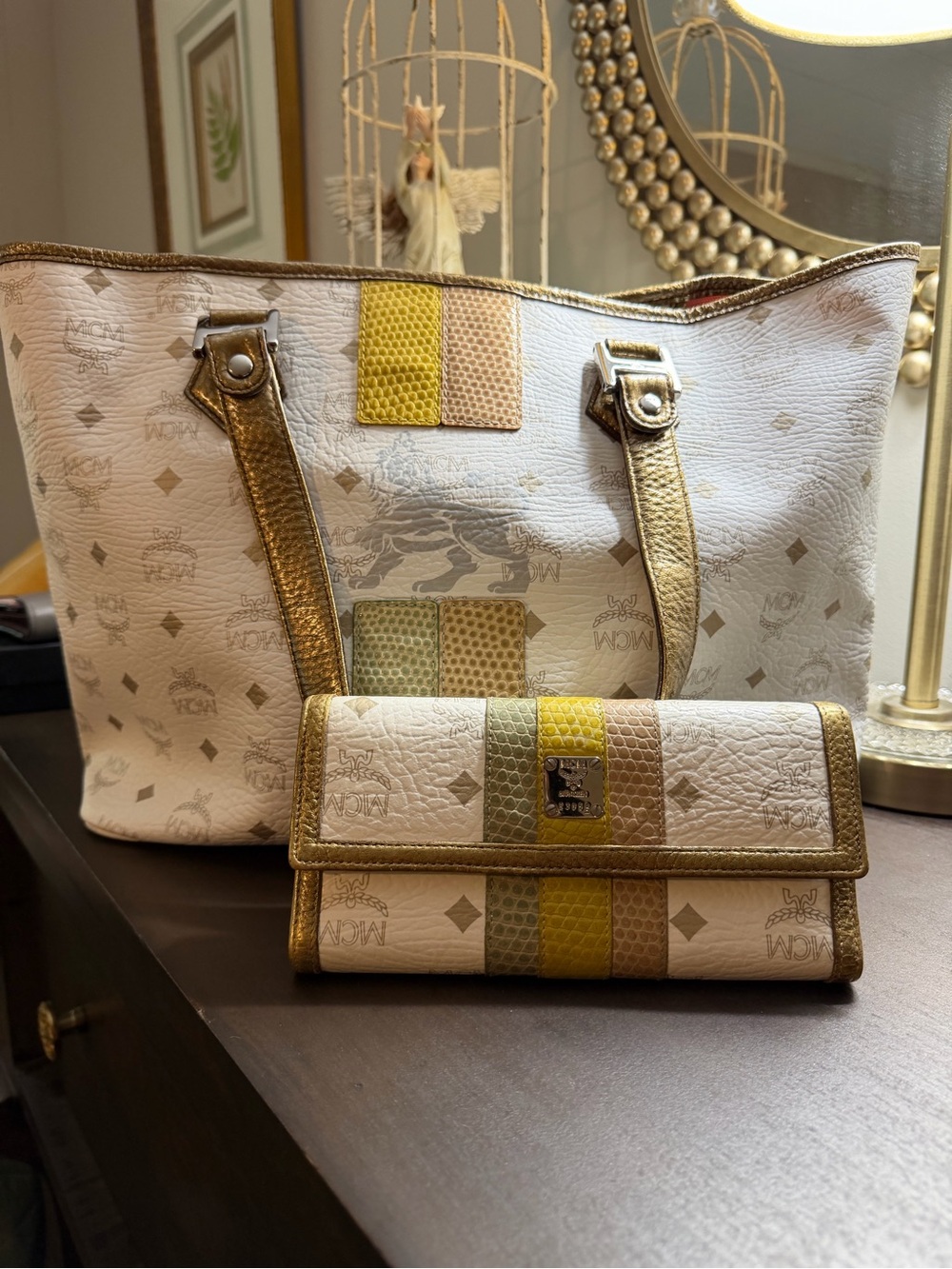 MCM White Logo Tote and matching wallet with Gold Accents